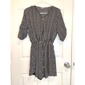 J for‎ Justify Black White Striped Romper Gold Zipper Accent Roll Tab Sleeve S